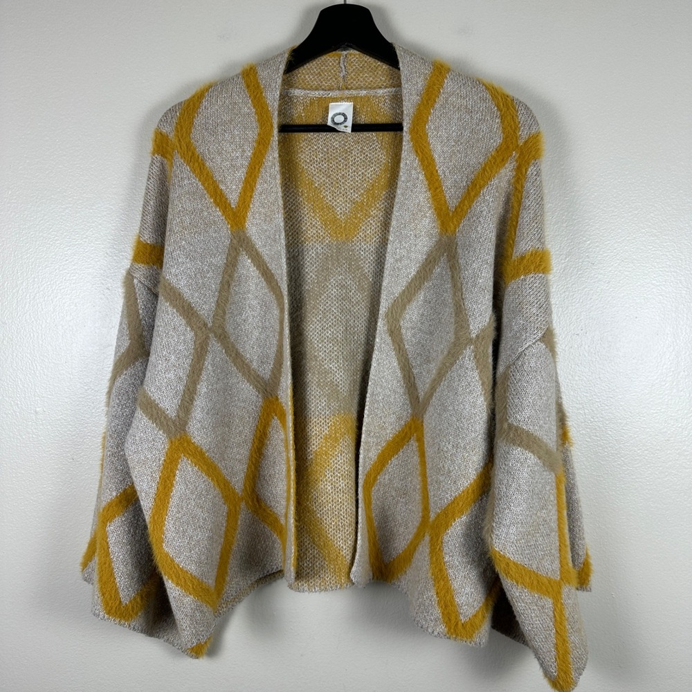 Akemi + Kin Women's Small Cardigan Yellow Beige Geometric Diamond Fuzzy Knit